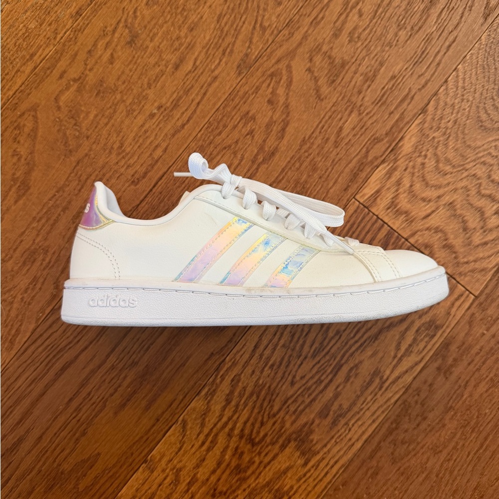 adidas Kids White Sneakers with Iridescent Stripe Accents